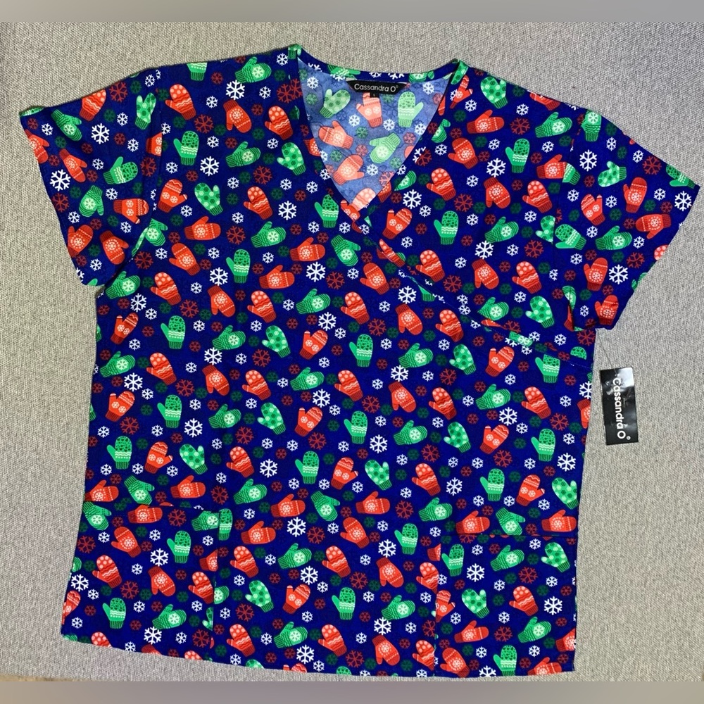 Christmas Holiday Scrub Top - Mittens Snowflakes Pattern